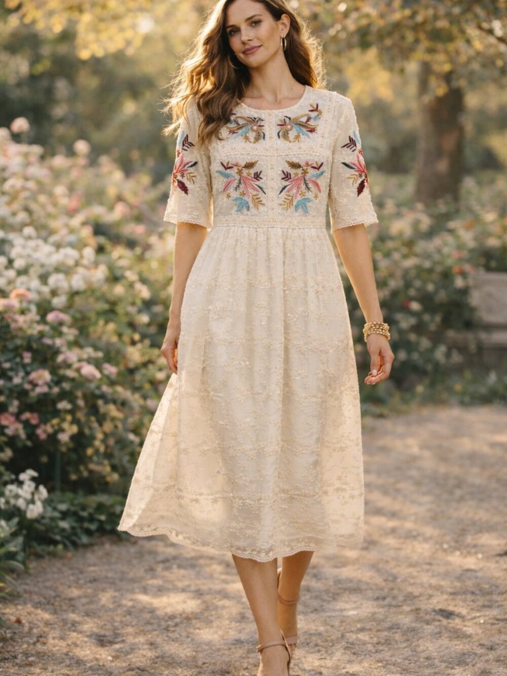 Roolee Ivory Embroidered Floral Midi Dress Boho Lace Detail Sz M